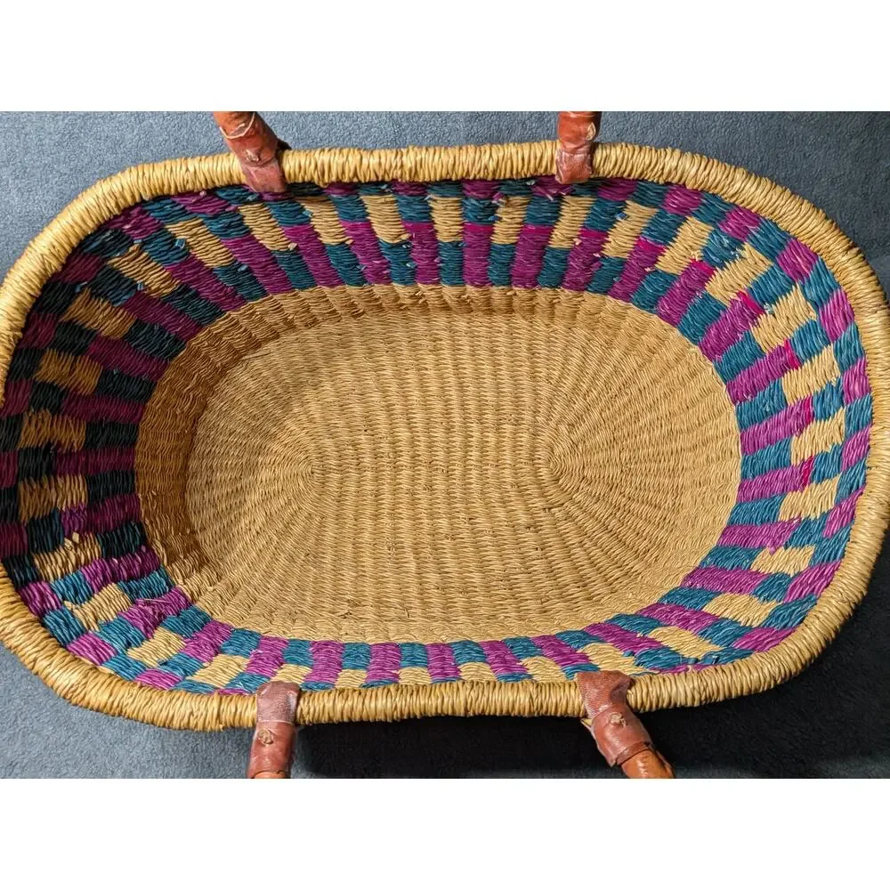 African Bolga Market Basket Large Ghana Tote Handwoven Leather Handles Boho